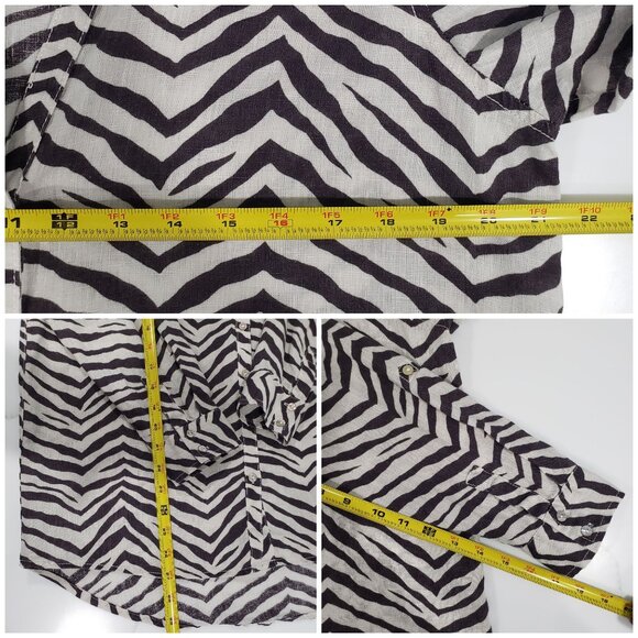 Tahari Linen Zebra Print Button Up Roll Tab Sleeve Office Sahari Boho Size S - Picture 10 of 12